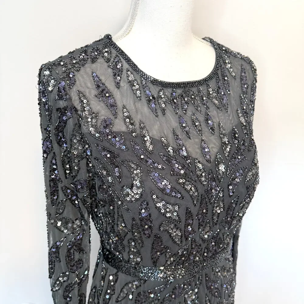 Mac Duggal 5124 Beaded Long Sleeve Evening Gown In Charcoal Size 8 New - Picture 8 of 16
